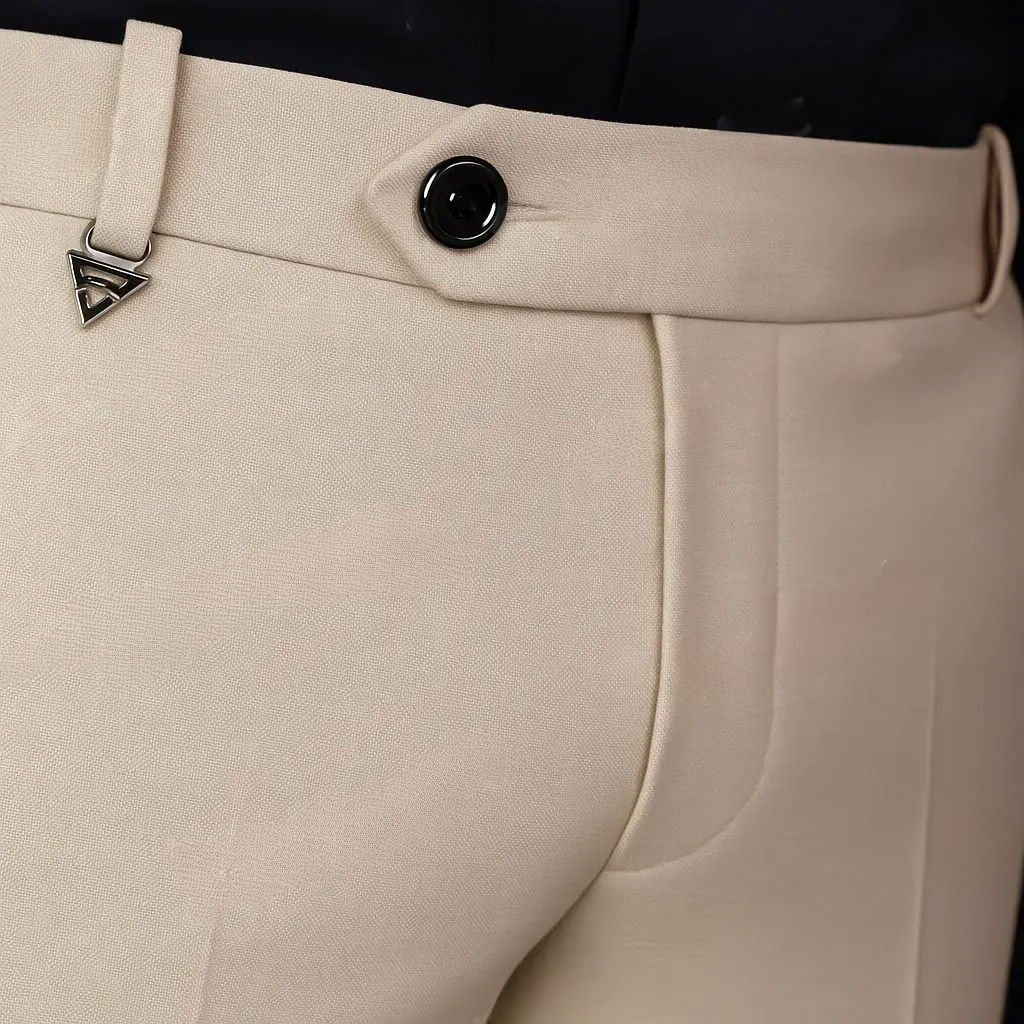 Beige Linen Textured Formal Pants